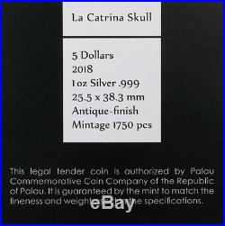 2018 $5 Palau La Catrina Skull Antique Finish 1 oz 999 Silver Coin PCGS MS70 FD