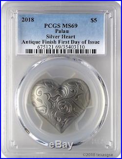 2018 $5 Palau Silver Heart Antique Finish 1oz 999 Silver Coin PCGS MS69 FD
