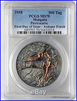 2018 500 Tug Mongolia Pterosaur 1oz Antique Finish. 999 Silver Coin PCGS MS70 FD