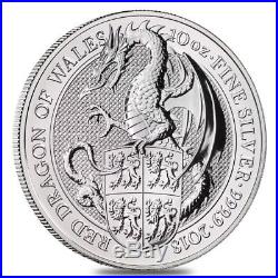 2018 Great Britain 10 oz Silver Queen's Beasts (Red Dragon) Coin BU In Cap