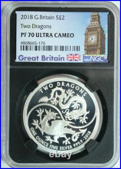 2018 Great Britain 1oz. 999 Silver 2 Pounds Two Dragons NGC PROOF 70 ULTRA CAMEO