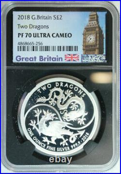 2018 Great Britain 1oz. 999 Silver 2 Pounds Two Dragons NGC PROOF 70 ULTRA CAMEO