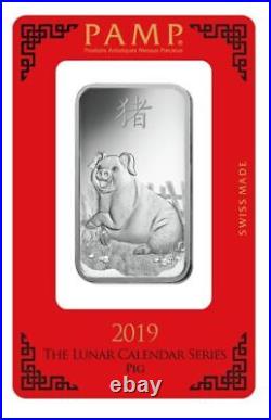 2019 1 oz Pamp Suisse LUNAR PIG. 999 Fine Silver Bar Classic Design In Assay