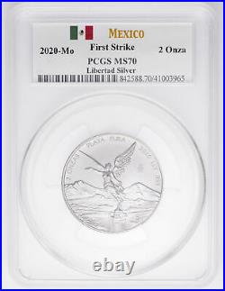 2020-Mo Mexico 2 Onza Libertad. 999 Silver 2oz Coin PCGS MS70 First Strike