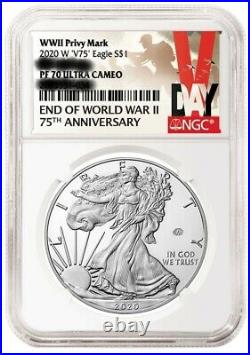 2020 W END of WORLD WAR II 75th ANNIVERSARY SILVER EAGLE V75 NGC PF70 ER. OR FR