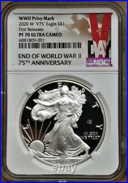 2020 W WORLD WAR II 75th ANNIV SILVER EAGLE V75, NGC PF70UC FIRST RELEASES