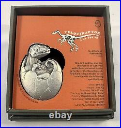 2021 Chad 10,000 Francs Hatched Velociraptor 2 oz. 999 Silver Coin 500 Made