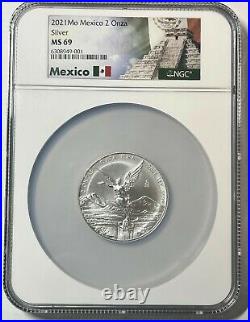 2021 Mo Mexico 2 oz Silver Libertad NGC MS69 NGC Temple Mexican Flag label