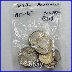 22pcs Australia Circulated Silver Florin Shilling 3 6 Pence Coins 1917-1947 B313