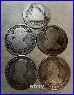 5 Coin Lot of 1 & 2 Reales Assorted Dates, Countries, & Conditions Silver