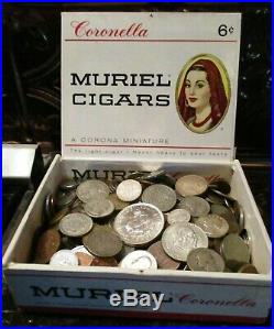 6 Pound Lot of World Coins in A Vintage Cigar Box with 4.5 Oz. Of Silver Coins