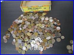 7+ Pound Lot of World Coins in A Vintage Cigar Box Plus 5 Oz. Of Silver Coins