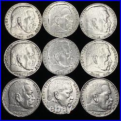 9 Coin Lot Rare Third Reich WW2 German 2 Reichsmark Hindenburg Silver Coins