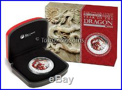 Australia 2012 Year of Dragon $1 1 Ounce Pure Silver Red Color Proof Dollar