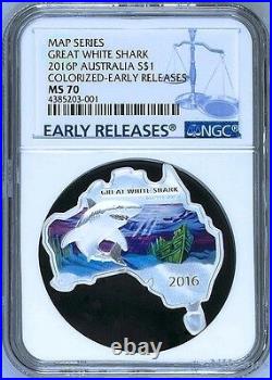 Australia MAP SHAPED COIN Great White Shark 2016 1 oz Silver Coin NGC MS70 ER