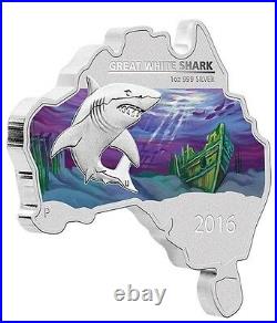 Australia MAP SHAPED COIN SERIES 2016 Great White Shark 1 OZ SILVER proof COIN