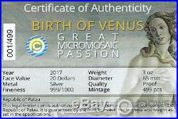 BIRTH OF VENUS Great Micromosaic Passion 3 Oz Silver Coin 20$ Palau 2017