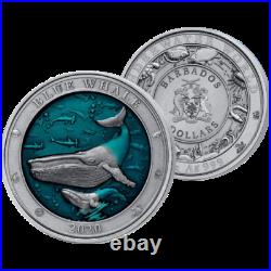 Blue Whale Underwater World 3 oz Antique finish Silver Coin 5$ Barbados 2020