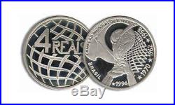 Brazil 1994 4 time world cup champ Silver coin 4 Reais Unc with Box and Coa