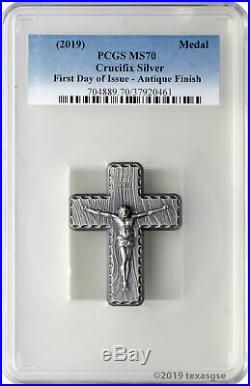 Crucifix 2oz. 999 Silver Antique Finish High Relief Medal PCGS MS70 First Day
