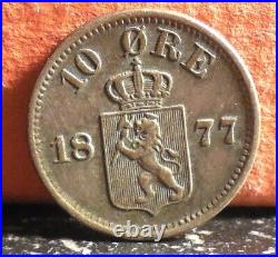 Extremely Rare Key 1877 Silver Norway 10 Ore Coin KM# 350 Mintage only 588,000