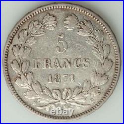 France Republic 1871 Silver 5 Francs Coin Laureate Woman's Bust Facing Left VF+