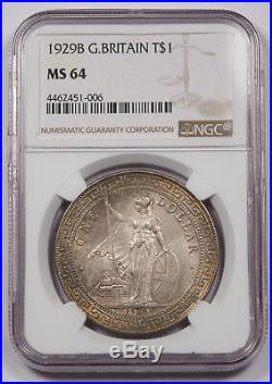 Great Britain UK 1929 B TRADE DOLLAR China $1 Silver Coin NGC MS64 GEM BU Bombay