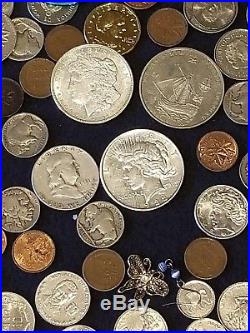 Junk Drawer Lot World/US silver coins, currency, buckles. 925, MORGAN-Peace$, PCGS
