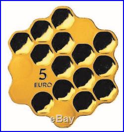 LATVIA 2018 silver coin gold plated 5 euro Honey bee cells Honey proof box