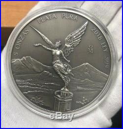 LIBERTAD MEXICO 2018 5 oz Silver ANTIQUED Coin in CAPSULE