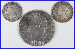 Lot of 3 Early Monarchs Silver 6 Pence, Newfoundland 10 Cents & UK Half Crown