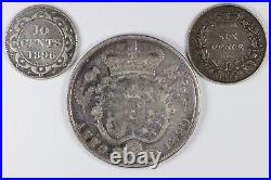 Lot of 3 Early Monarchs Silver 6 Pence, Newfoundland 10 Cents & UK Half Crown