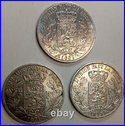 Lot of 3 all Diff. Old Belgium Silver 5 Francs 1869, 1871, 1873 Very Nice