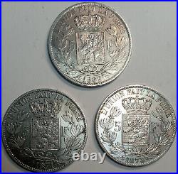 Lot of 3 all Diff. Old Belgium Silver 5 Francs 1869, 1871, 1873 Very Nice