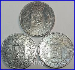 Lot of 3 all Diff. Old Belgium Silver 5 Francs 1870, 1873, 1875 Very Nice
