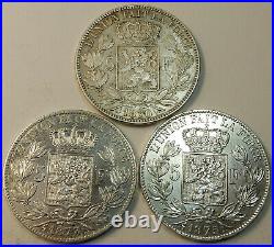 Lot of 3 all Diff. Old Belgium Silver 5 Francs 1870,1873,1875 Very Nice