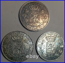 Lot of 3 all Diff. Old Belgium Silver 5 Francs 1870, 1873, 1875 Very Nice