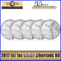 Lot of 5-2017 1oz silver Libertad BU Treasure Coin of Mexico FREE capsules