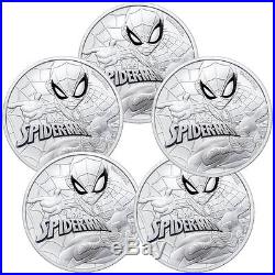 Lot of 5 2017 Tuvalu Marvel Series Spider-Man 1 oz. Silver $1 Mint Cap SKU48150