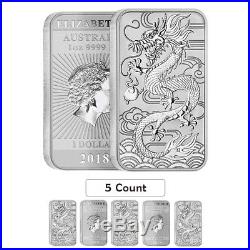 Lot of 5 2018 1 oz Silver Australian Dragon Coin Bar $1 BU