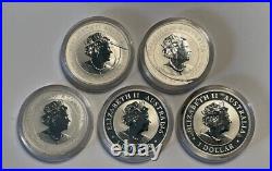 Lot of FIVE Australia 1 oz. 9999 Fine Silver One Dollar Coins in Capsules
