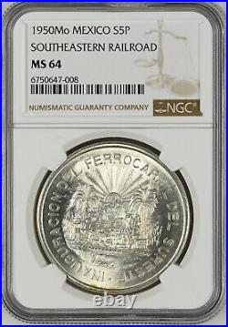 MEXICO $5 Pesos 1950 Silver NGC MS64 Railroad