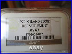 MS 67-NGC-1974 ICELAND FIRST SETTLEMENT Silver 500 Kronor Coin -TONED-FREE SHIP