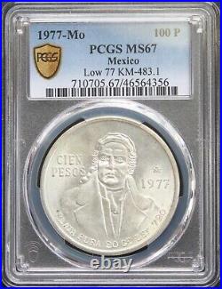 Mexico, 100 Pesos Silver Morelos 1977, PCGS MS67. Low 77. KM# 483.1