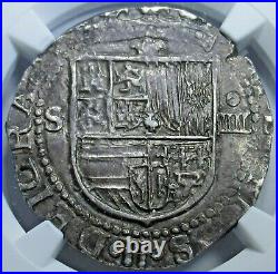 NGC AU53 Philip II 1500's Spanish Silver 4 Reales Antique Colonial Cob Coin