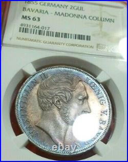 NGC Bavaria 1855 MS 63 2 Gulden Silver Madonna &Child Germany Mega Colorful