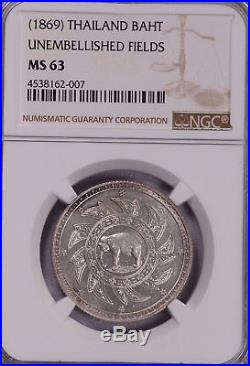 Ngc-ms63 1869 Thailand Baht Silver Pattern Rare
