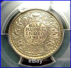 Pcgs-ms64/63 1911 India 1/2r+1/4r+2anna Silver Toned Bu Top Rare