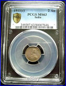 Pcgs-ms64/63 1911 India 1/2r+1/4r+2anna Silver Toned Bu Top Rare