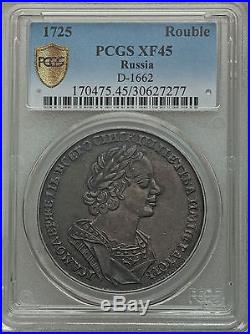 Rare 1725 Russia Peter the Great Large silver 1 Rouble PCGS XF 45